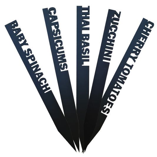 Black acrylic, laser cut seedling identification stakes - assorted.